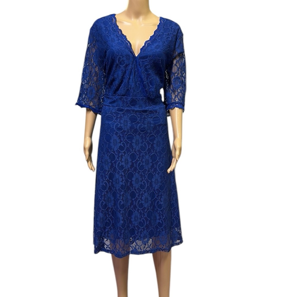 Pinup Fashion Blue Lace Overlay V Neck 3 Quarter Sleeve Midi Dress Womens 22W